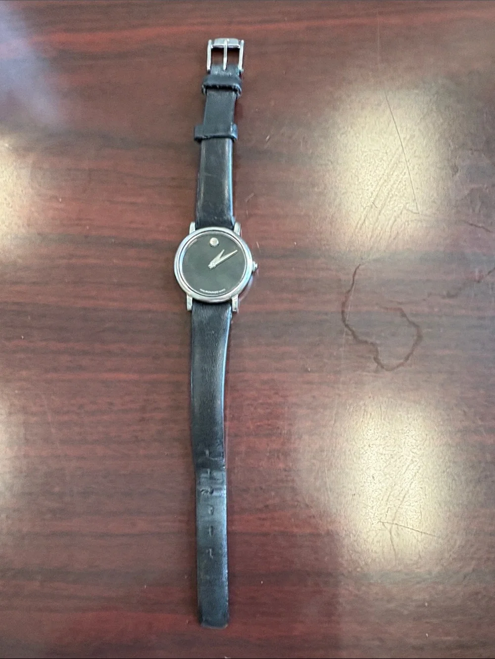 Movado Black Dial Leather Strap Minimalist Watch